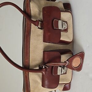 Dooney & Bourke Double Pocket Satchel Signature Melange Fabric Leather Purse Bag